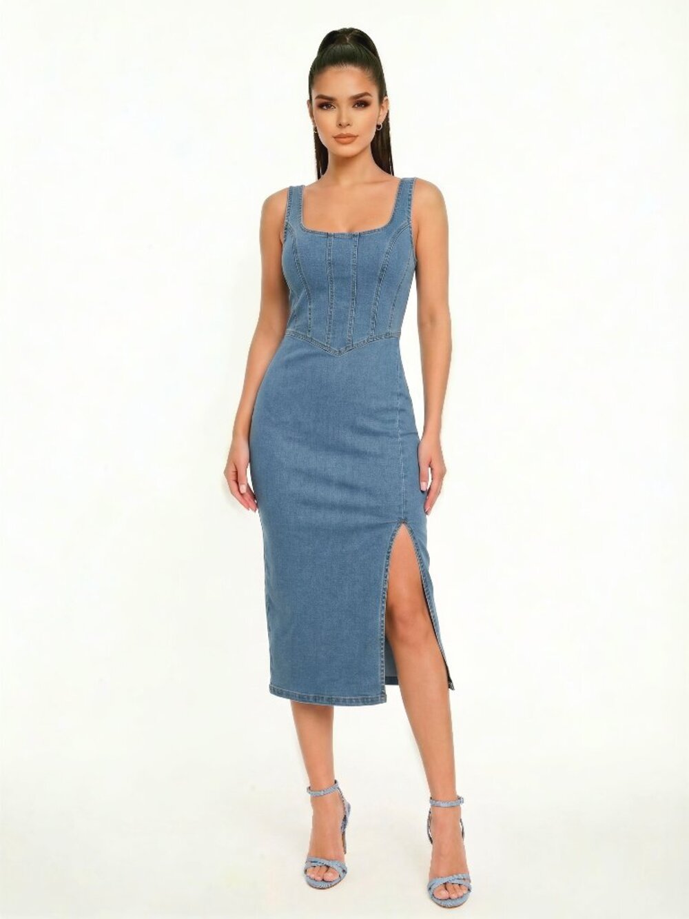 Square Neck Sleeveless Denim Mini Dress Square Neck Sleeveless Denim Mini Dress